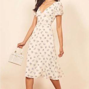 Reformation Kacey Puff Sleeve Midi in Teresa Floral Print V-neck